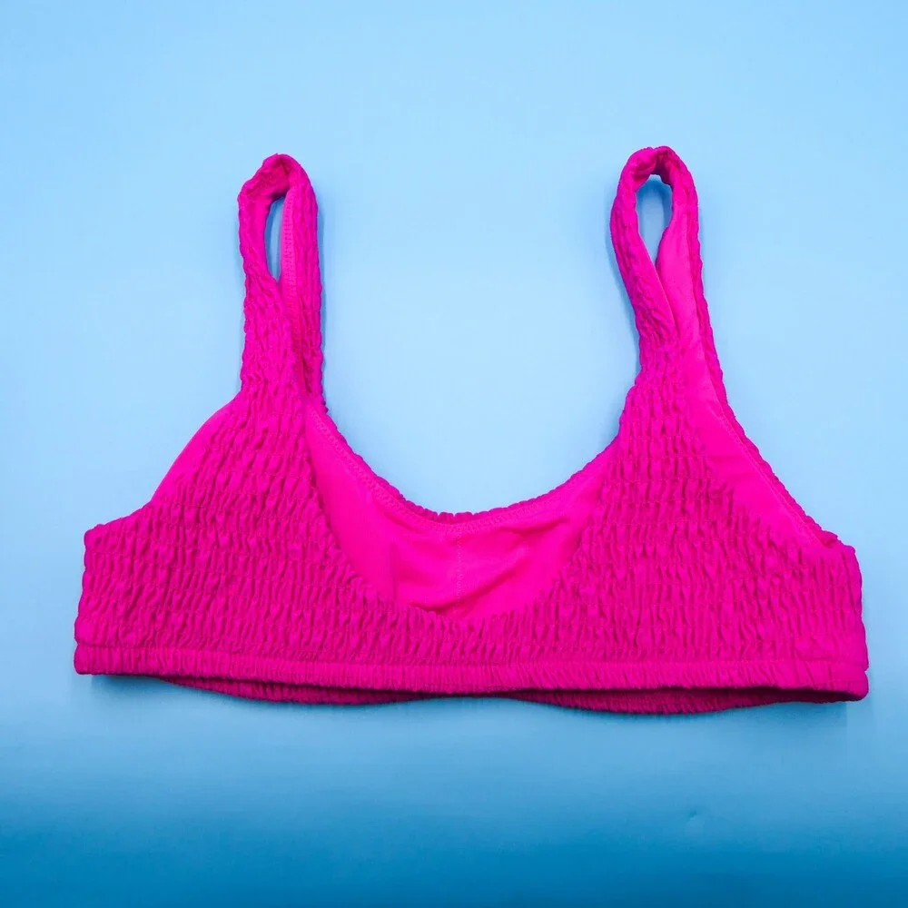Victorias Secret Medium Pink Ruched Fabric Padded Ribbed Bikini Top Pullover New